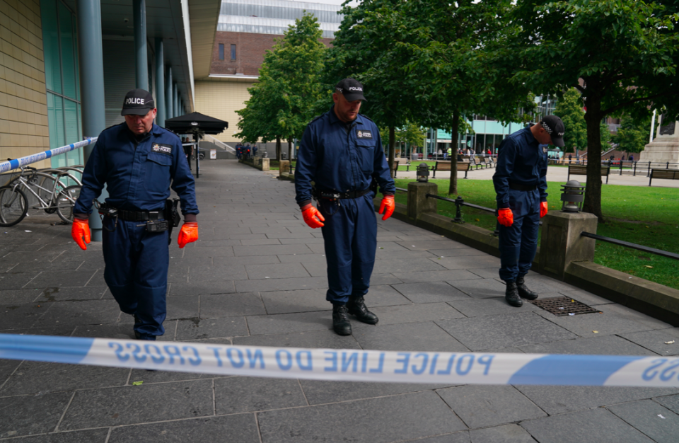 Police search teams were scouring a cordoned-off area of Old Eldon Square outside the shopping centre (PA)