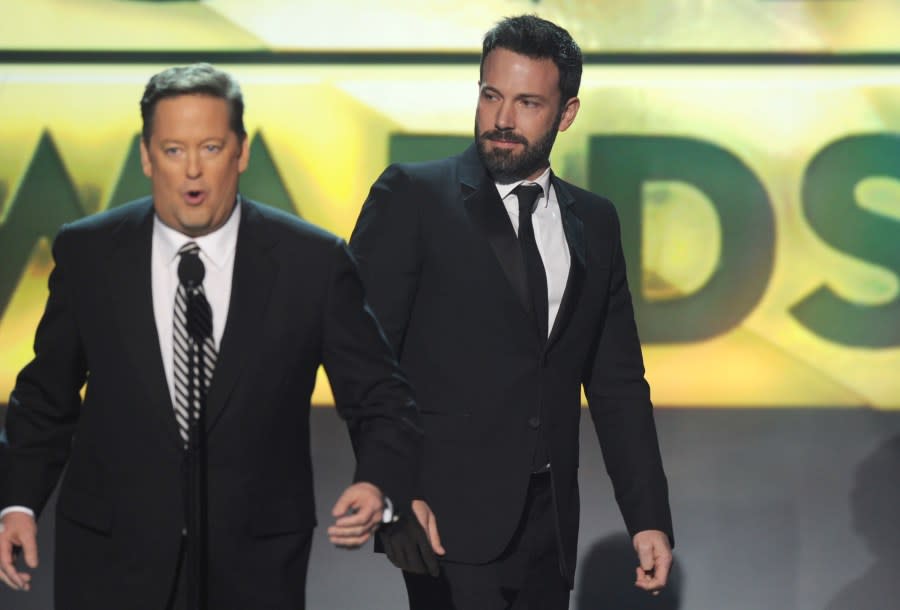 SANTA MONICA, CA – JANUARY 10: Host Sam Rubin and Ben Affleck onstage at the 18th Annual Critics’ Choice Movie Awards held at Barker Hangar on January 10, 2013 in Santa Monica, California. (Photo by Kevin Winter/Getty Images)
