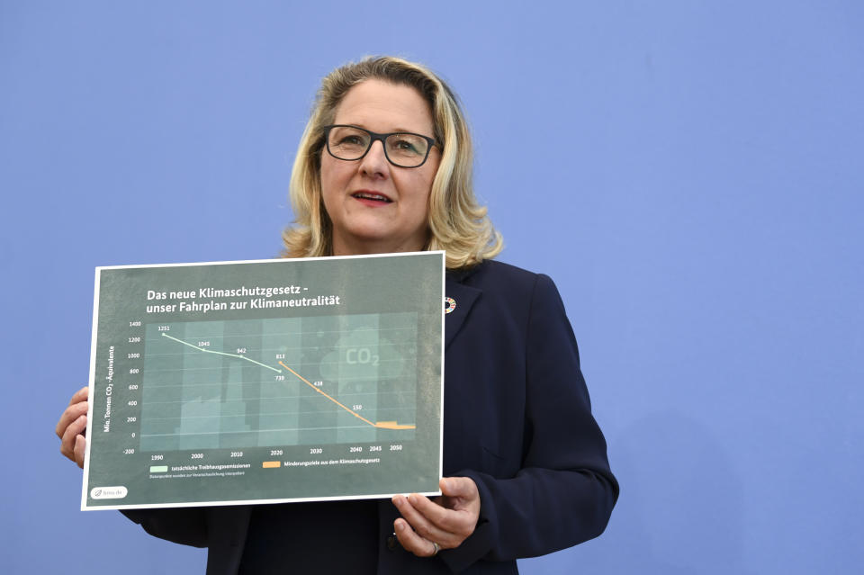 German Environment Minister Svenja Schulze attends a news conference about the climate protection act in Berlin, Germany, May 12, 2021. (Annegret Hilse/AP via Pool)