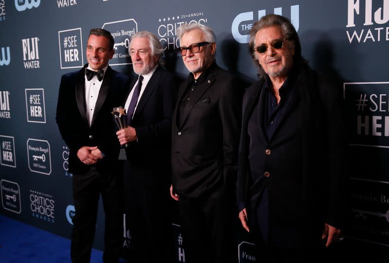 25th Critics Choice Awards – Photo Room – Santa Monica, California, U.S., January 12, 2020 - Sebastian Maniscalco, Robert De Niro, Harvey Keitel and Al Pacino pose backstage with their Best Acting Ensemble award for "The Irishman\