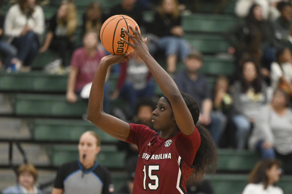 South Carolina forward Laeticia Amihere (15) shoots a free throw in the second half of an NCAA college basketball game against Cal Poly, Tuesday, Nov. 22, 2022, in San Luis Obispo, Calif. (AP Photo/Nic Coury)