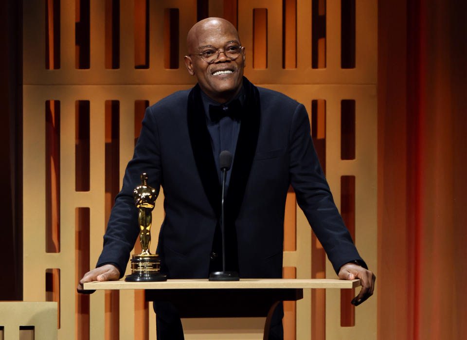 Samuel L. Jackson accepts the honorary award onstage during the 2022 Governors Awards at The Ray Dolby Ballroom at Hollywood & Highland Center on March 25, 2022 in Hollywood, California. - Credit: Mike Coppola/Getty Images