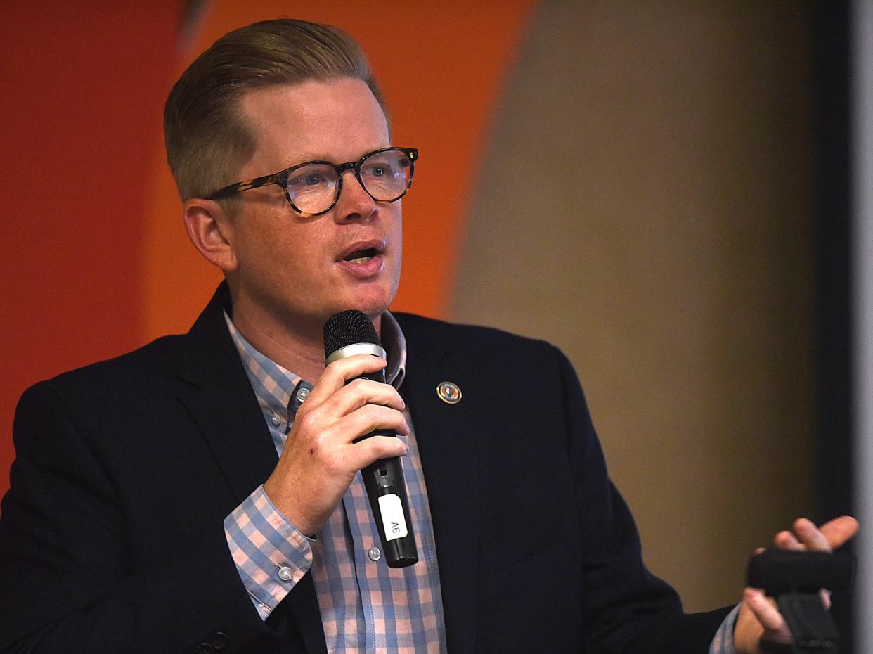 State Senate Majority Leader Caleb Rowden, R-Columbia, speaks in 2021 at the Stoney Creek Hotel & Conference Center during the Columbia Chamber of Commerce’s Lunch with a Leader.