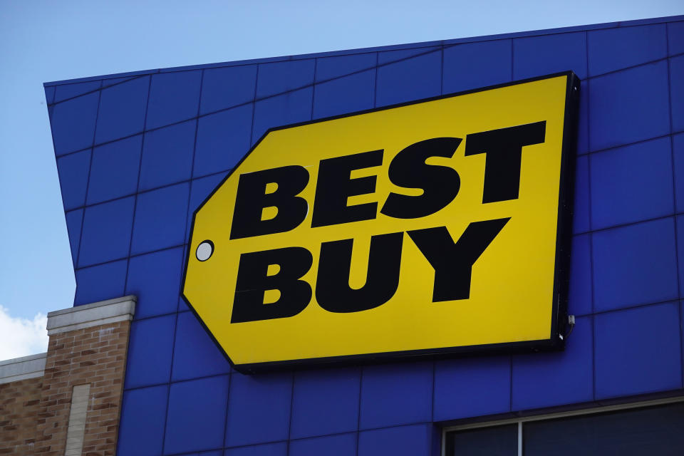 CHICAGO, ILLINOIS - AUGUST 24: A sign marks the location of a Best Buy store on August 24, 2021 in Chicago, Illinois. Best Buy reported an increase in second-quarter sales of nearly 20% as consumers purchased electronics to adjust to lifestyle changes related to the ongoing pandemic. (Photo by Scott Olson/Getty Images)