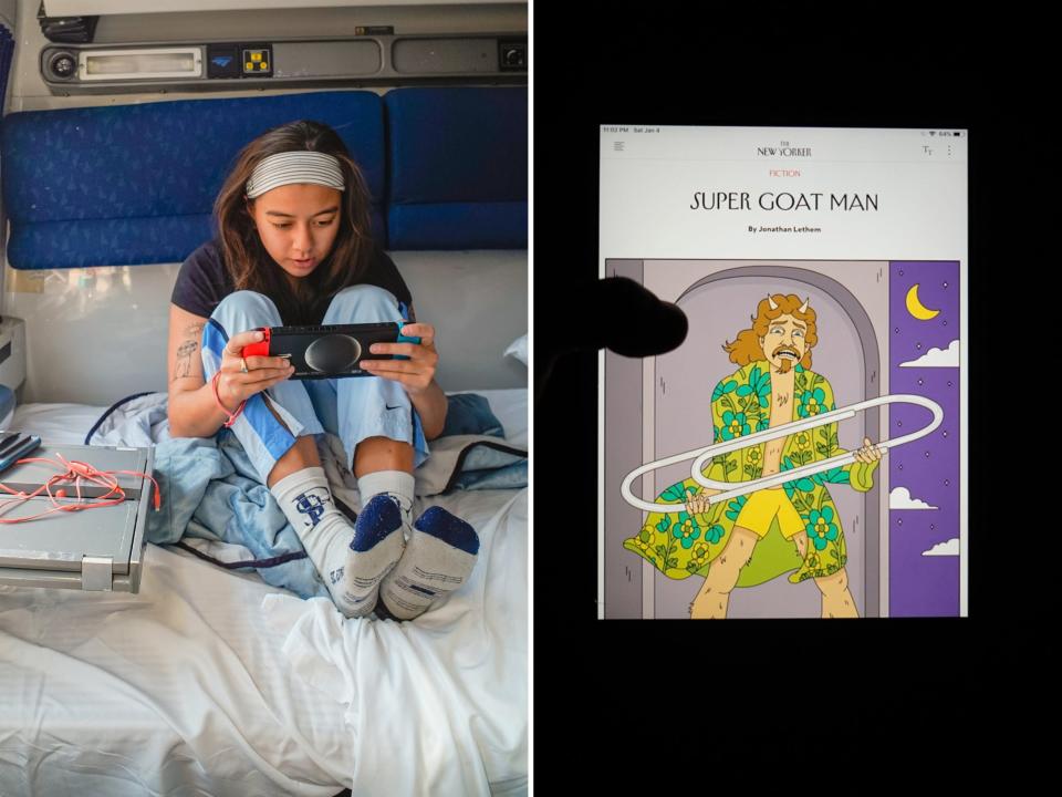 The author plays Nintendo on the train (L) and reads the new yorker on a plane (R)