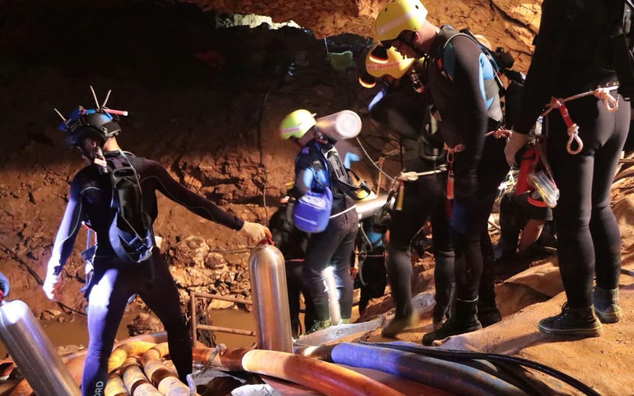 A group of Thai Navy divers in Tham Luang cave during rescue operation