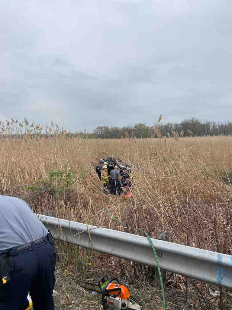 The collision sent Gilberg’s BMW airborne, and hurtling over a guardrail into a field. Courtesy of Stathis & Leonardis