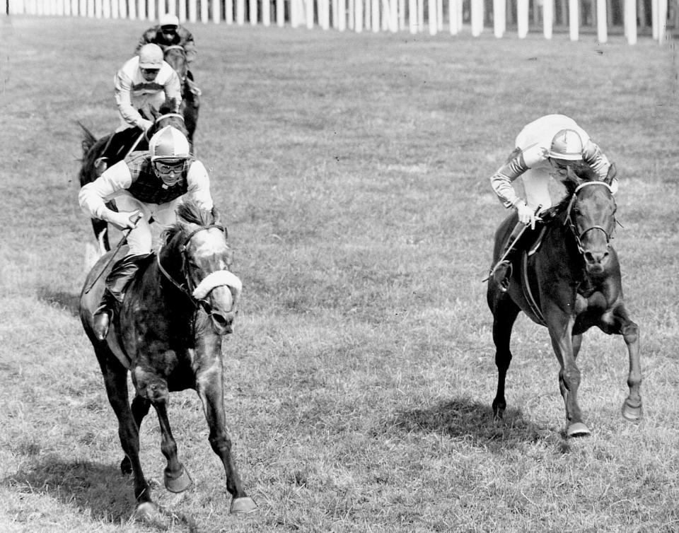 Precipice Wood, with Jimmy Lindley on board, holds off a challenge from Blakeney in a tight finish to win the 1970 Ascot Gold Cup - Sport and General
