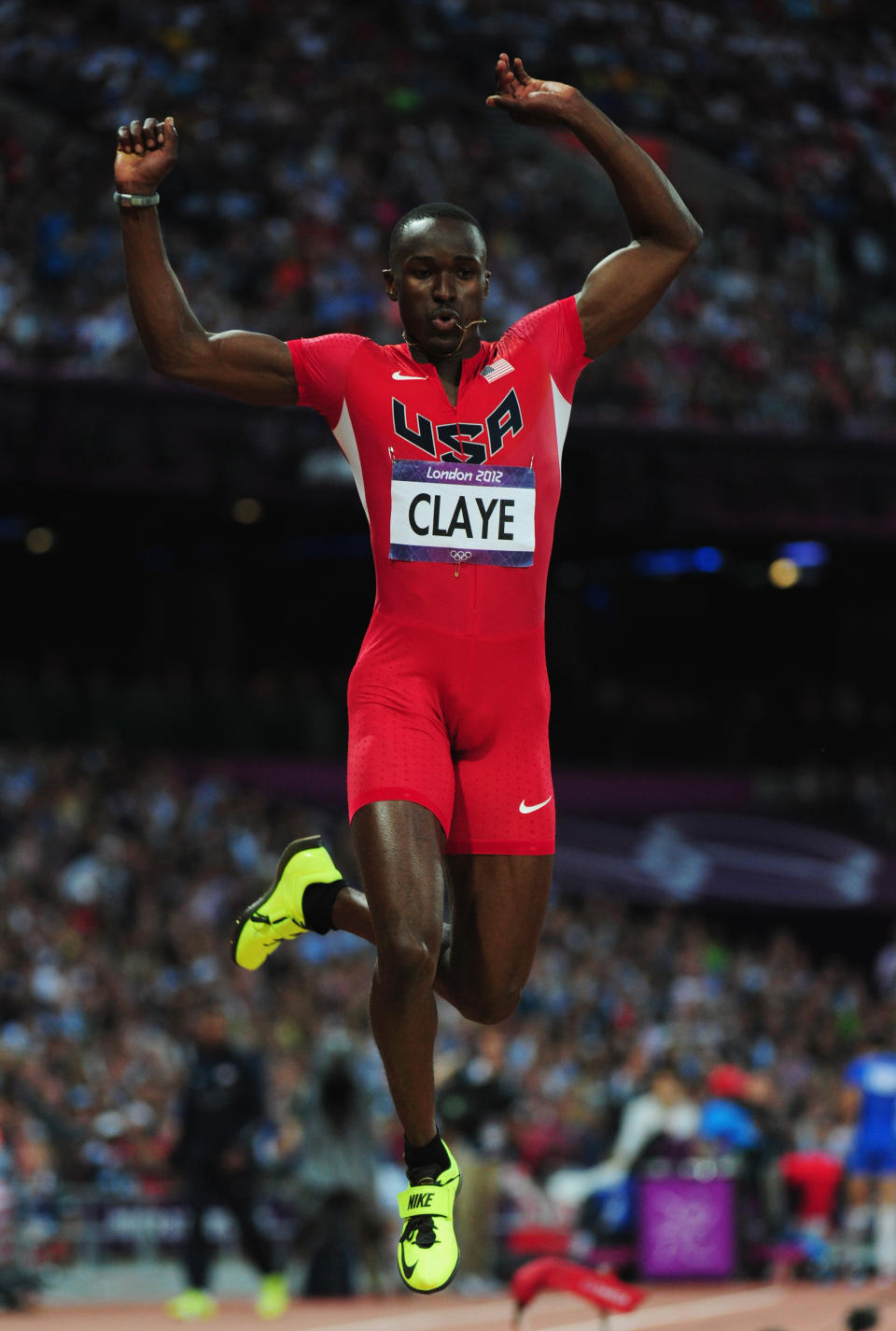 LONDON, ENGLAND - AUGUST 09: Will Claye of the United States competes during the Men's Triple Jump Final on Day 13 of the London 2012 Olympic Games at Olympic Stadium on August 9, 2012 in London, England. (Photo by Stu Forster/Getty Images)