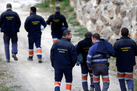 A miner rescue team arrives to the control center at the area where Julen, a Spanish two-year-old boy, fell into a deep well nine days ago when the family was taking a stroll through a private estate, in Totalan, southern Spain January 22, 2019. REUTERS/Jon Nazca