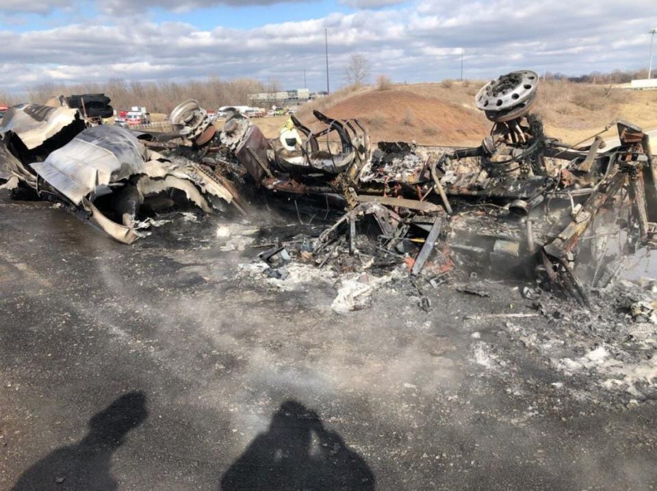 A photo from the Indiana Department of Transportation shows wreckage after a fuel tanker overturned and caught fire at the intersection of interstates 70 and 465 on Indianapolis' east side on Thursday, Feb. 20, 2020.