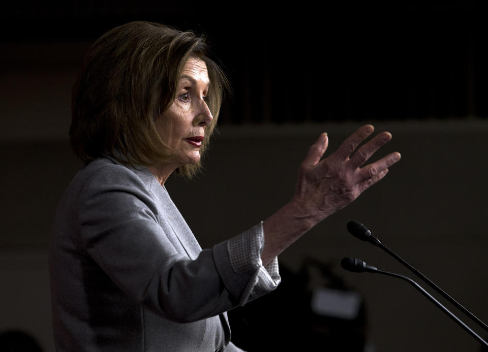 Speaker of the House Nancy Pelosi, D-Calif., speaks during her weekly news conference on Capitol Hill, Thursday, Dec. 12, 2019, in Washington. (AP Photo/Jose Luis Magana)