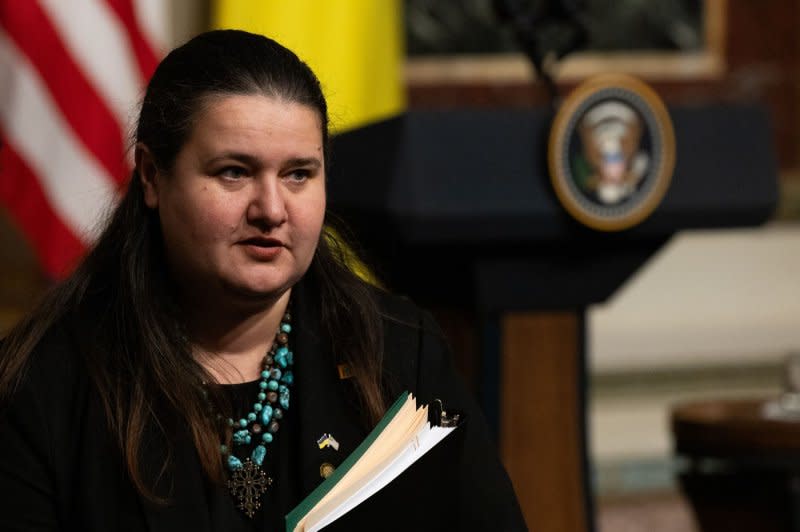 Ukrainian ambassador to the United States -- Oksana Markarova -- arrives before Ukrainian President Volodymyr Zelensky and U.S. President Joe Biden give remarks in the Indian Treaty Room of the Eisenhower Executive Office Building on Tuesday. Photo by Julia Nikhinson/UPI