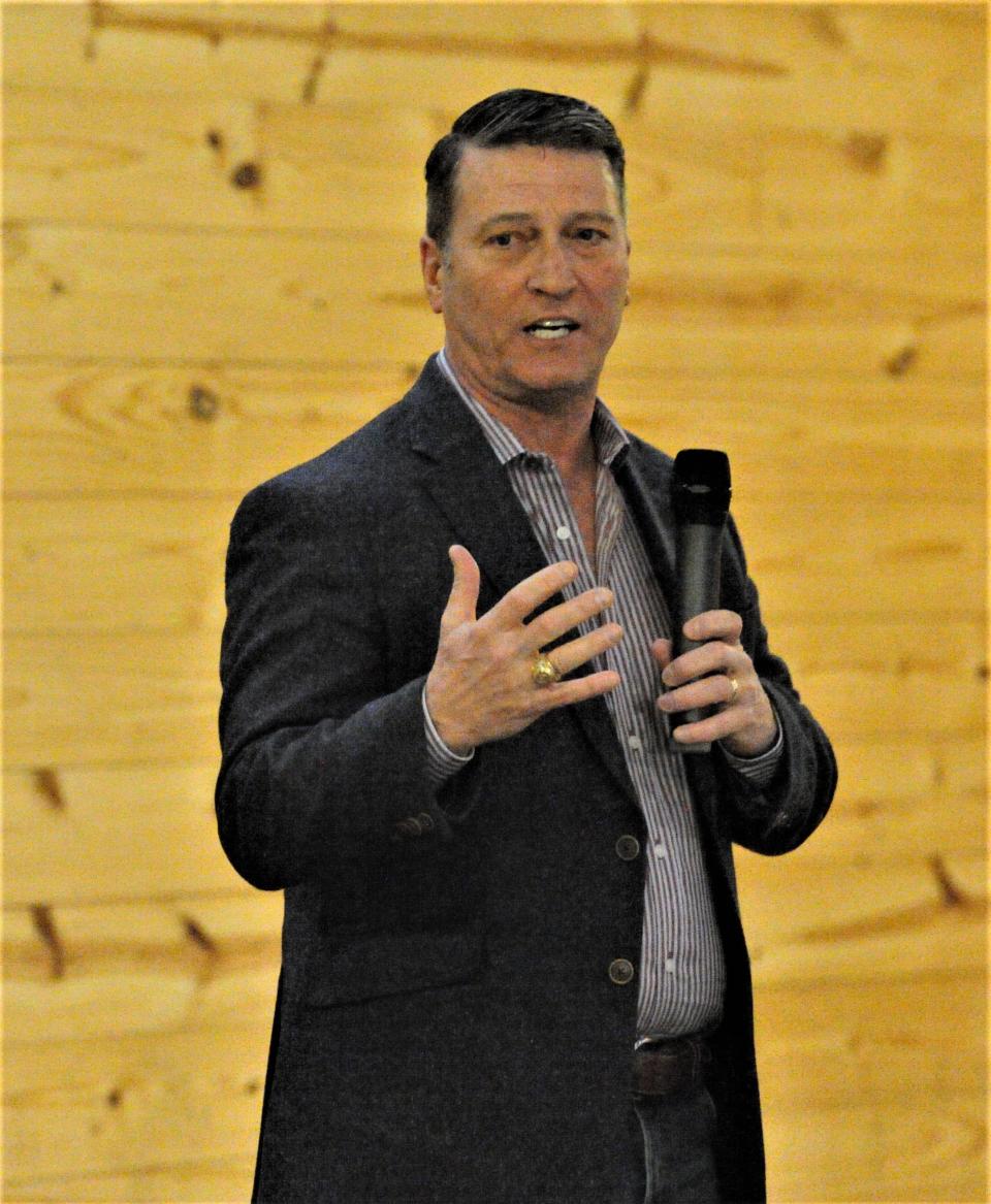 U.S. Representative Ronny Jackson talks to a crowd at his 2022 Campaign Kickoff tour at the Warehouse in downtown Wichita Falls.