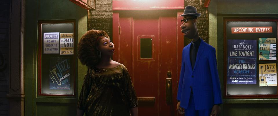 Dorothea Williams and Joe Gardner standing outside of a jazz club