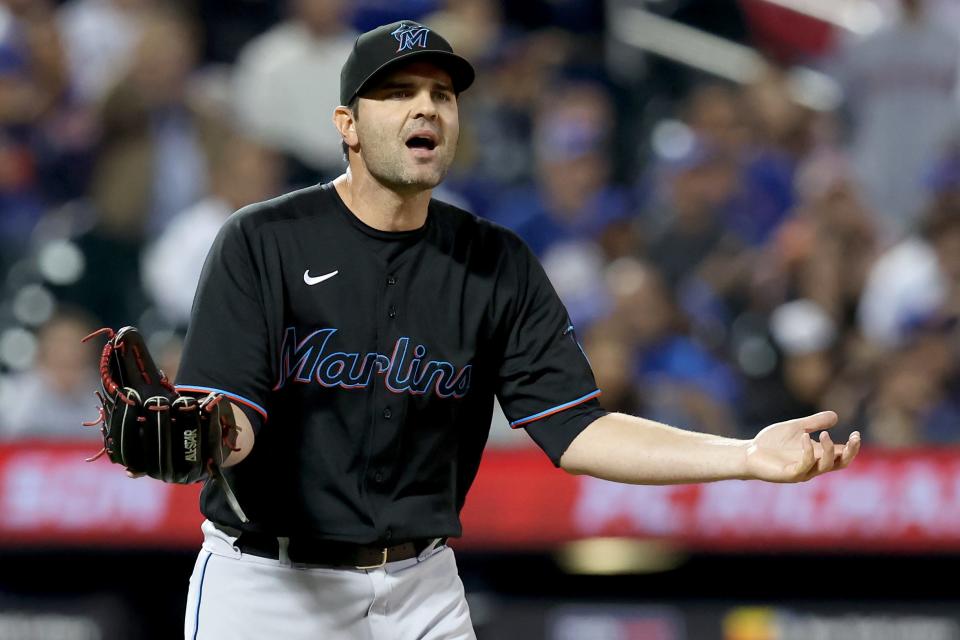 Miami Marlins relief pitcher Richard Bleier reacts after being called for a balk.
