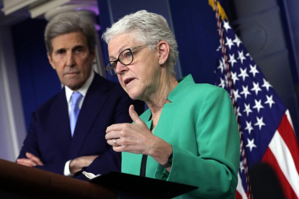 National Climate Adviser Gina McCarthy speaks as Special Presidential Envoy for Climate and former Secretary of State John Kerry listens during a daily press briefing at the James Brady Press Briefing Room of the White House on April 22, 2021 in Washington, DC. (Photo by Alex Wong/Getty Images)