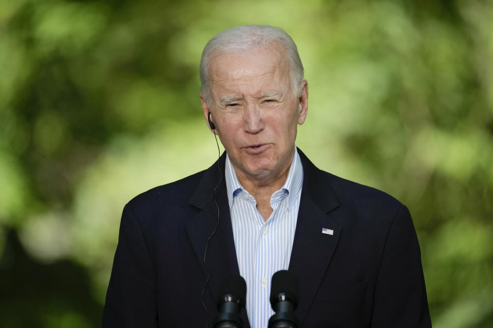 FILE - President Joe Biden speaks during a joint news conference with Japan's Prime Minister Fumio Kishida and South Korea's President Yoon Suk Yeol on Friday, Aug. 18, 2023, at Camp David, the presidential retreat, near Thurmont, Md. Biden announced on Tuesday, Aug. 22, that the new White House counsel will be Ed Siskel, a former Obama administration attorney who helped craft the response to the congressional investigations into the 2012 Benghazi attack that killed four Americans, including the U.S. ambassador. (AP Photo/Andrew Harnik, File)