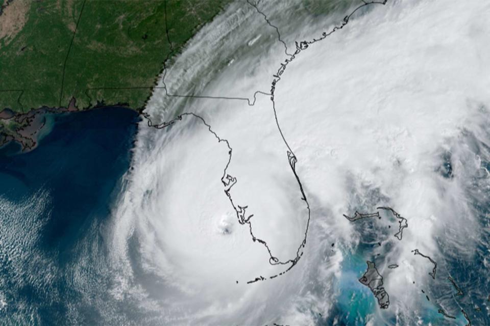 <p>Courtesy of NOAA</p> A satellite of Hurricane Ian as it made landfall on the barrier island of Cayo Costa in southwest Florida on September 28, 2022. 