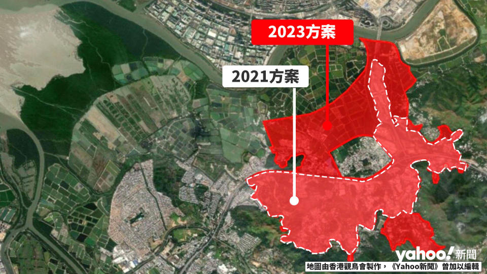 圖為2021年新田/落馬洲發展樞紐方案及 2023年5月公布的新田科技城方案，後者由新田公路 /粉嶺公路以北的「創新科技園區」和公路以南的「新田市中心」兩部分組成。（香港觀鳥會製圖）
