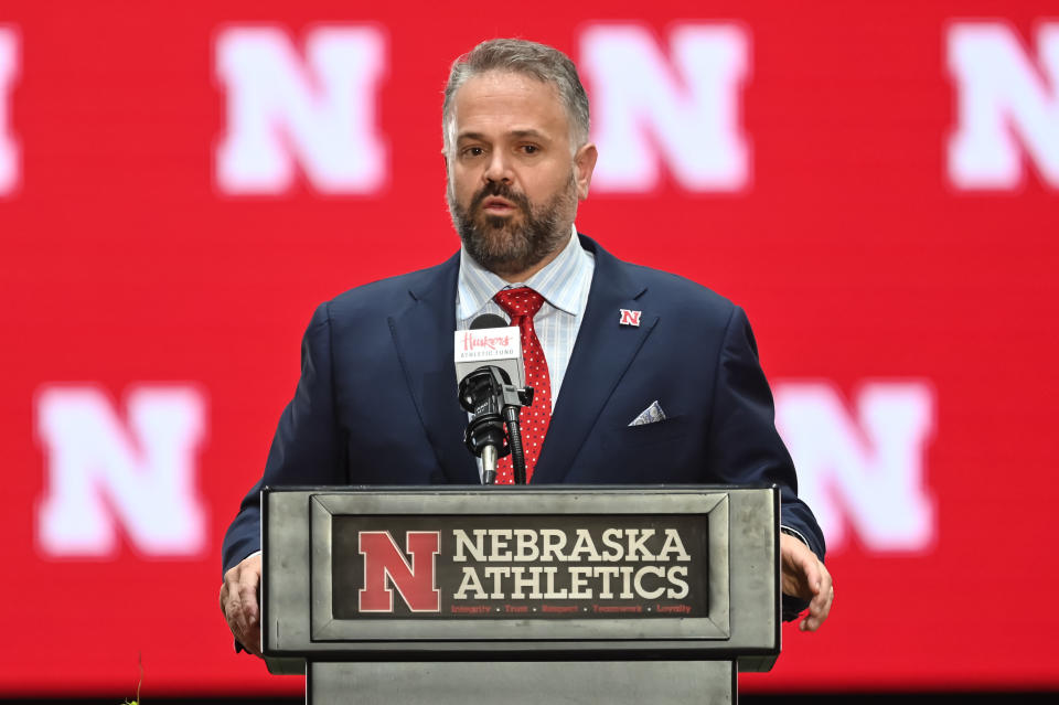 Nov 28, 2022; Omaha, Nebraska, US; Nebraska Cornhuskers head coach Matt Rhule at the introductory press conference at the Hawks Championship Center on the University of Nebraska-Lincoln campus. Mandatory Credit: Steven Branscombe-USA TODAY Sports