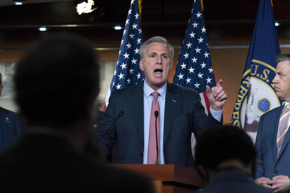 House Minority Leader Kevin McCarthy, R-Calif., speaks during a news conference on Capitol Hill, in Washington, Wednesday, July 21, 2021. Pelosi is rejecting two Republicans tapped by McCarthy to sit on a committee investigating the Jan. 6 Capitol insurrection. She cited the "integrity" of the investigation. (AP Photo/Jose Luis Magana)