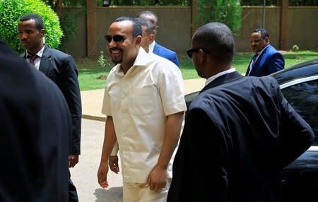 Ethiopian Prime Minister Abiy Ahmed arrives to meet members of Sudan's opposition alliance to mediate in the political crisis that has followed the overthrow of President Omar al-Bashir at the Ethiopian Embassy in Khartoum