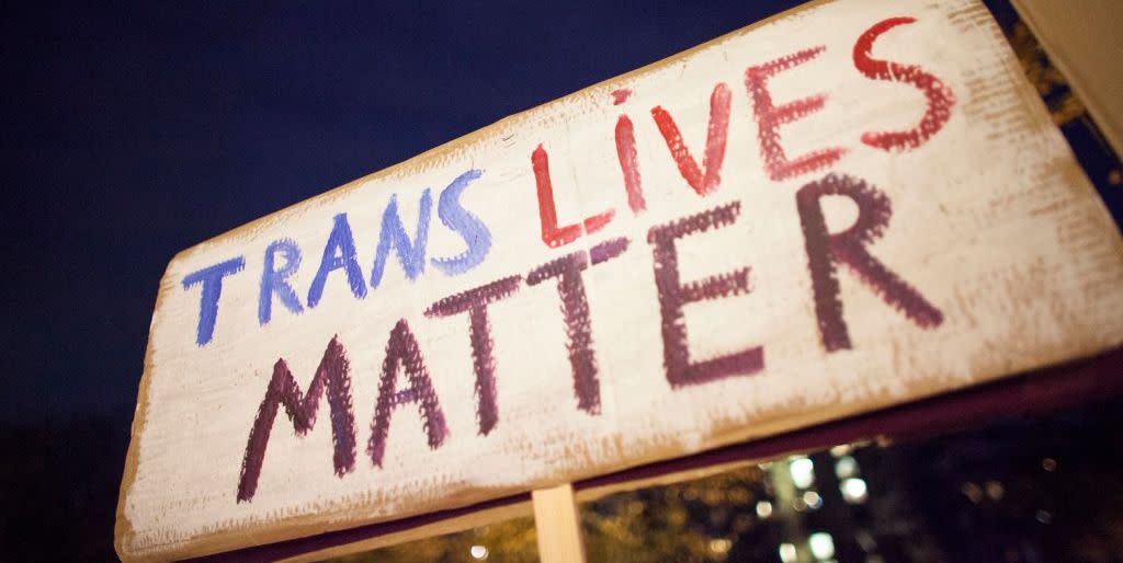 trans lives matter banner during we wont be erased lgbtq protest near us embassy in warsaw on october 30, 2018 photo by maciej luczniewskinurphoto via getty images