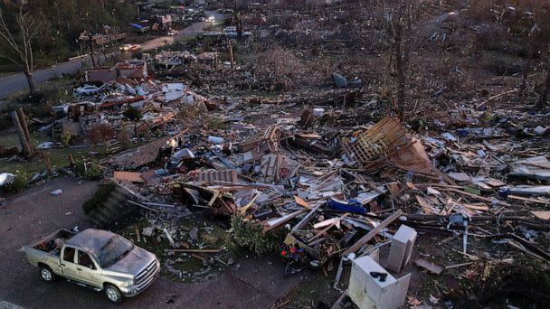 PHOTO: FILE - An aerial view of destroyed homes in the aftermath of a tornado, after a monster storm system tore through the South and Midwest in Little Rock, Ark., April 1, 2023. (Cheney Orr/Reuters, FILE)