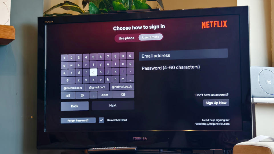 The Netflix log-in menu on a Fire OS enabled TV