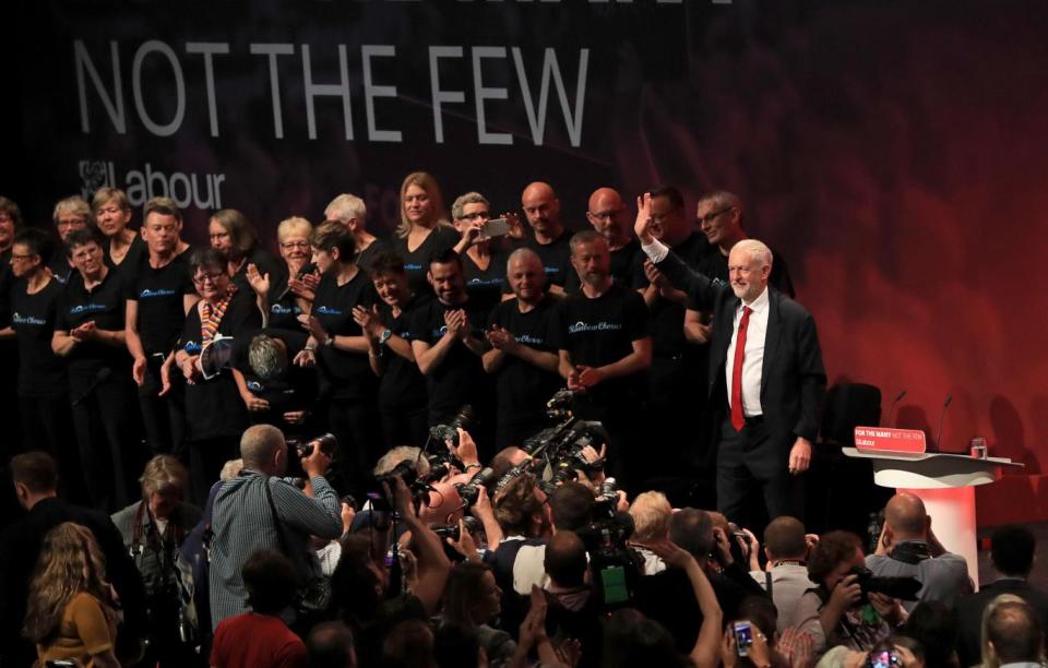 Labour leader Jeremy Corbyn waves to the crowd after delivering his speech at the Labour Party annual conference at the Brighton Centre, Brighton. (PA Archive/PA Images)