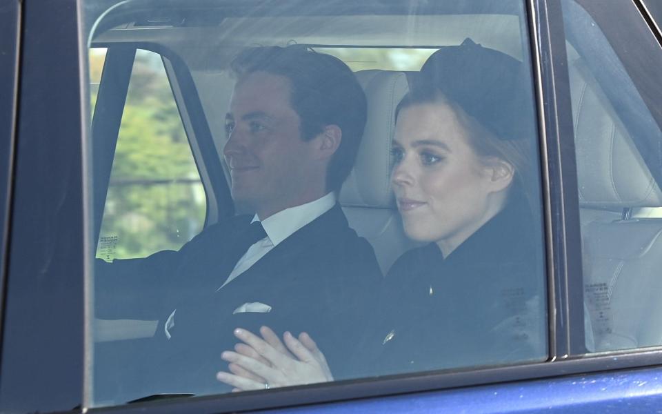 Princess Beatrice and Edoardo Mapelli Mozzi arrive for the Funeral of Prince Philip, Duke of Edinburgh, at St George's Chapel, Windsor Castle - James Whatling