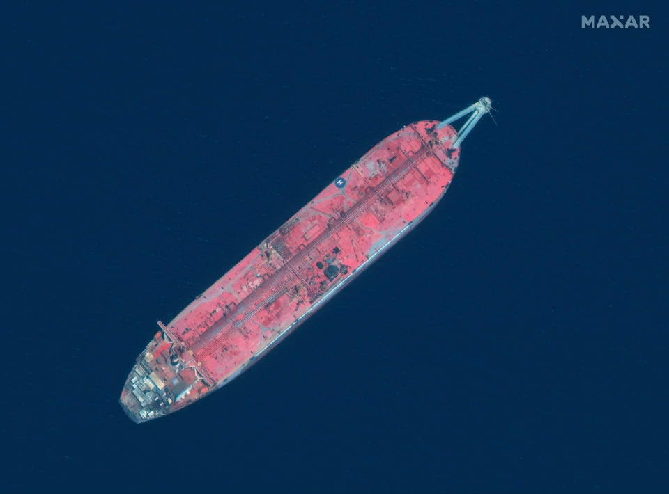 This satellite image provided by Manar Technologies taken June 17, 2020, shows the FSO Safer tanker moored off Ras Issa port, in Yemen. Houthi rebels are blocking the United Nations from inspecting the abandoned oil tanker loaded with more than one million barrels of crude oil. UN officials and experts fear the tanker could explode or leak, causing massive environmental damage to Red Sea marine life. (Maxar Technologies via AP)