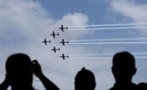 Royal Australian Air Force's Roulettes perform during an aerial display at the Singapore Airshow
