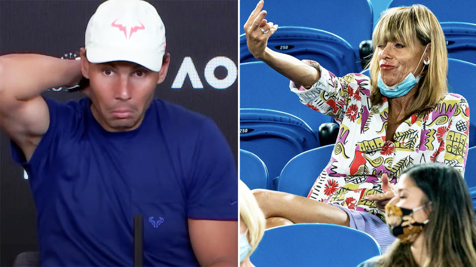 Rafael Nadal, pictured here reacting to the woman's abuse at the Australian Open.