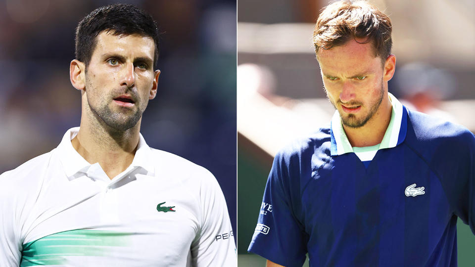 From left to right, men's tennis rivals Novak Djokovic and Daniil Medvedev on court.