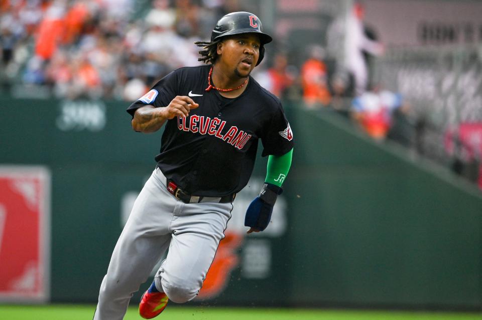 Guardians third base Jose Ramirez rounds third to score in the first inning against the Orioles, June 25, 2024, in Baltimore.