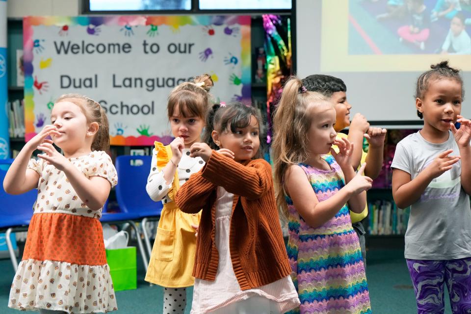 Students perform a skit during a ribbon-cutting ceremony for the Dual Spanish-English Language Program at Discovery Elementary in Deltona, Friday, Nov. 17, 2023.