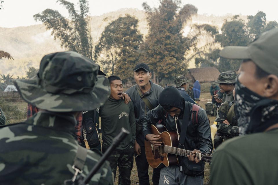Rangers from around the country sing the “Ranger Song” before parting company at the end of their mission, Karen State, Burma, January 2023.
