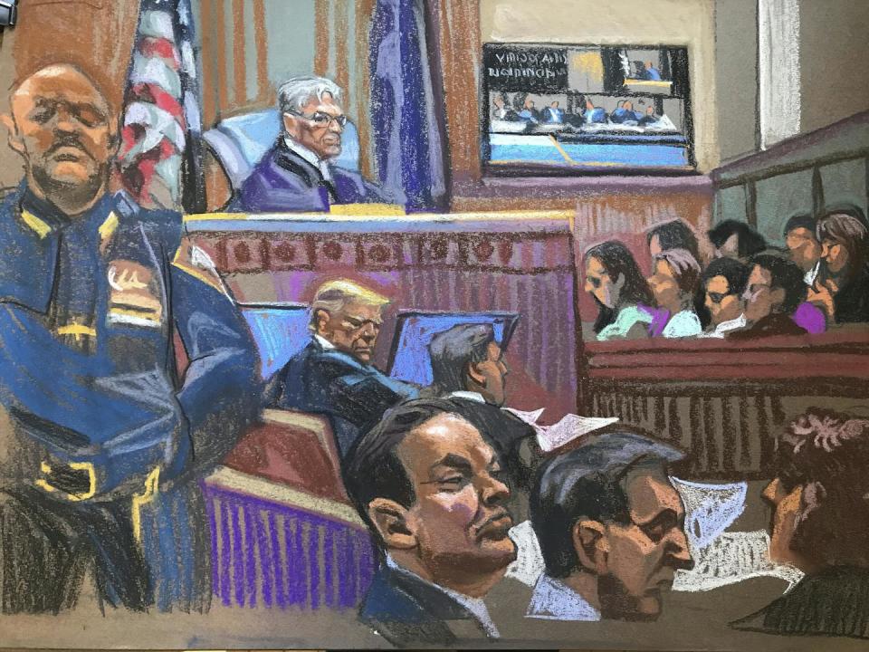 A courtroom sketch depicts Judge Juan Merchan, Donald Trump, prospective jurors and other court and legal personnel. <a href="https://newsroom.ap.org/detail/TrumpHushMoney/9100fc3efb6f486fa32b09248d650e9d/photo" rel="nofollow noopener" target="_blank" data-ylk="slk:Christine Cornell via AP Pool;elm:context_link;itc:0;sec:content-canvas" class="link ">Christine Cornell via AP Pool</a>