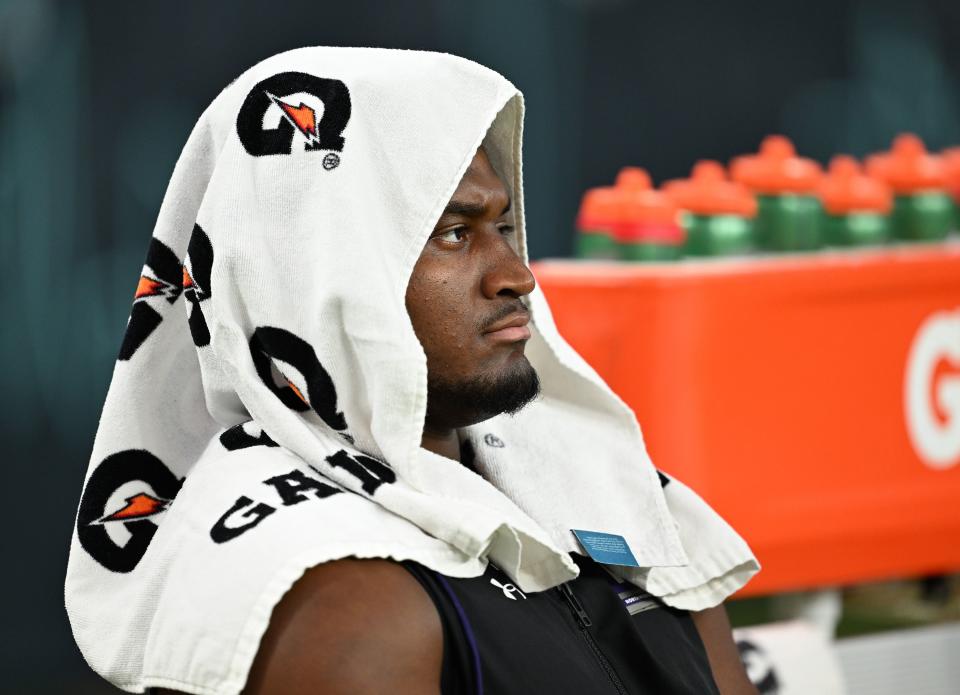 Northwestern Wildcats defensive lineman Jaylen Pate (41) watches warmups as Utah and Northwestern prepare to play in the SRS Distribution Las Vegas Bowl on Saturday, Dec. 23, 2023. | Scott G Winterton, Deseret News