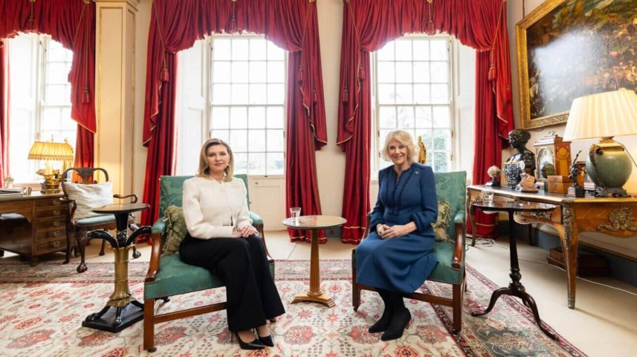 Queen Camilla, in her favourite blue, met with Olena Zelenska. Photo: Zelenska on Instagram