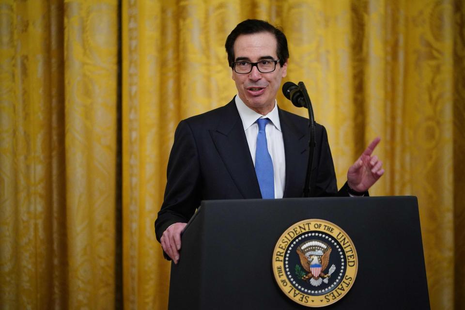 Secretary of the Treasury Steve Mnuchin, speaks in the East Room of the White House in Washington, April 28, 2020.