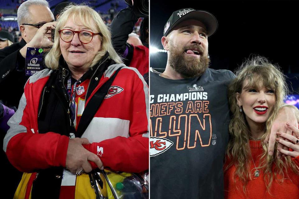 <p>Patrick Smith/Getty</p> Donn Kelce, Travis Kelce and Taylor Swift on Jan. 28.