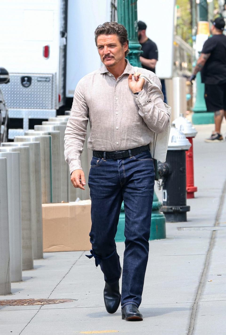 pedro pascal on the set of materialist