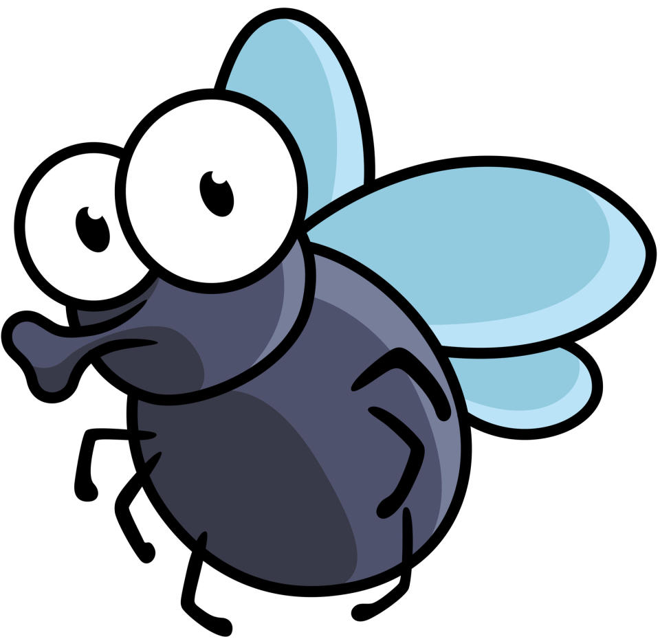 Cartoon-style image of a black fly with large, expressive eyes and blue wings