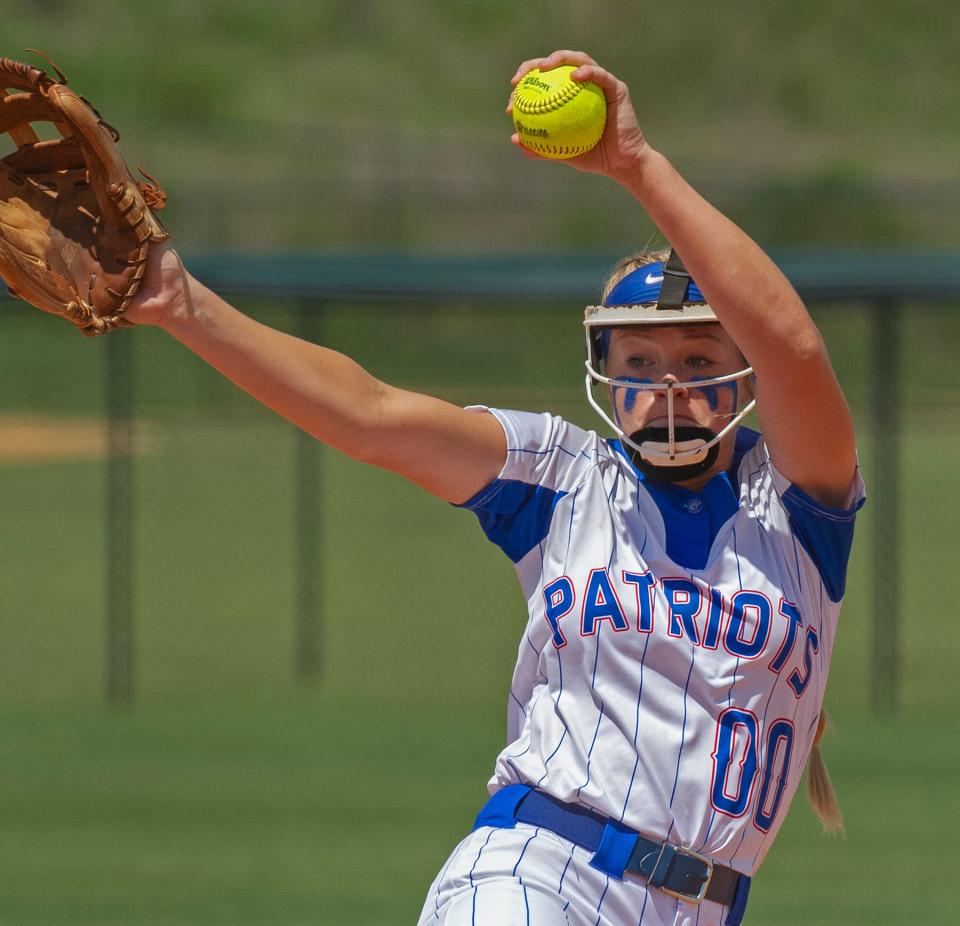 Pace pitcher Jayden Heavener (00) winds up during the first inning of a FHSAA Class 6A state semifinal against Melbourne on Friday, May 27, 2022 from the Legends Way Ball Fields in Clermont.
