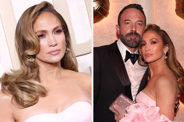 A closeup of Jennifer Lopez vs Jennifer Lopez and Ben Affleck pose together on the red carpet