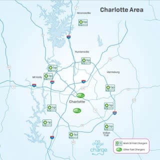 Map of electric-car fast-charging stations in and around Charlotte, North Carolina