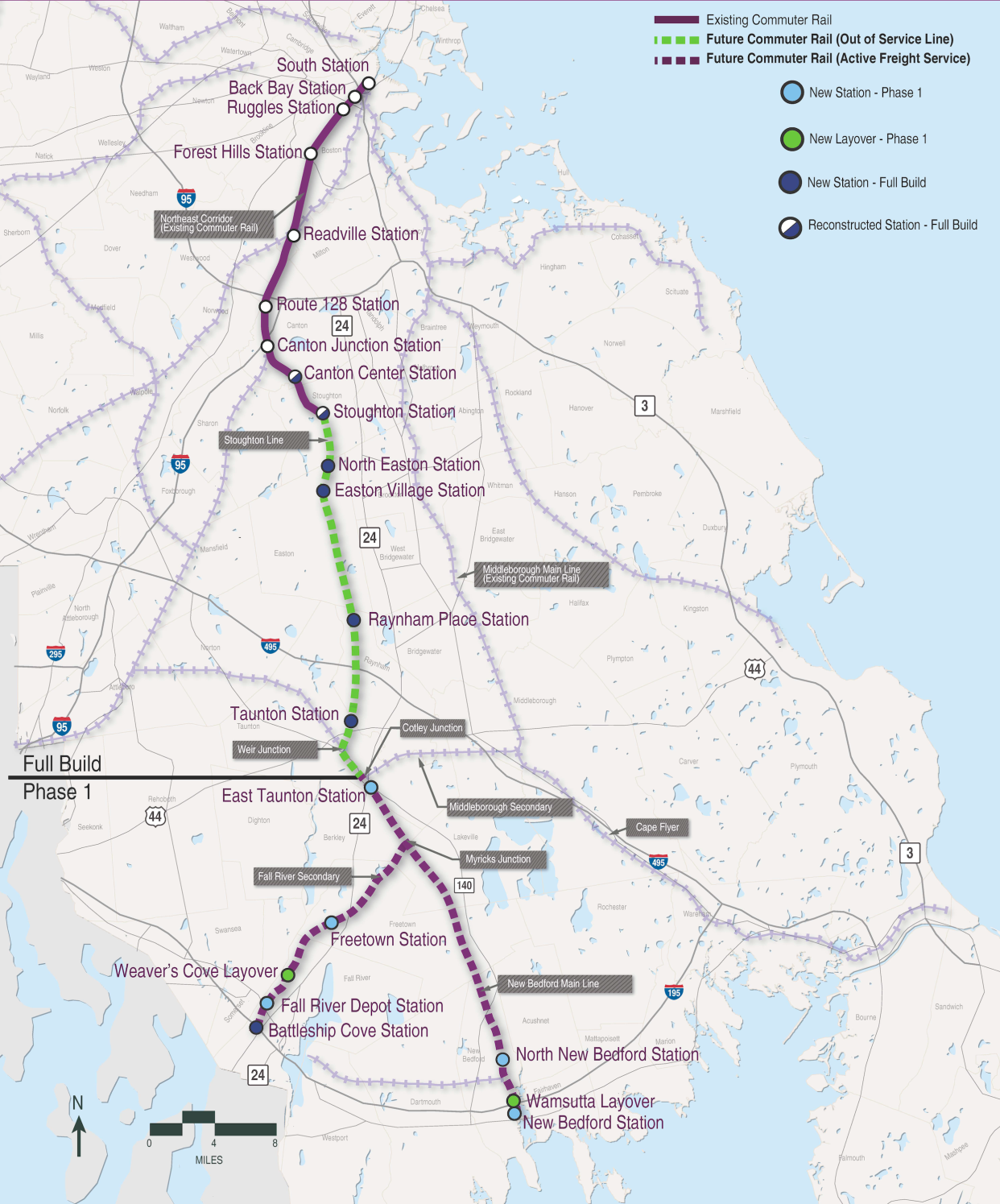 The route map for the South Coast Rail's Full Build, initially projected to be complete by 2030 but now on an uncertain timeline.